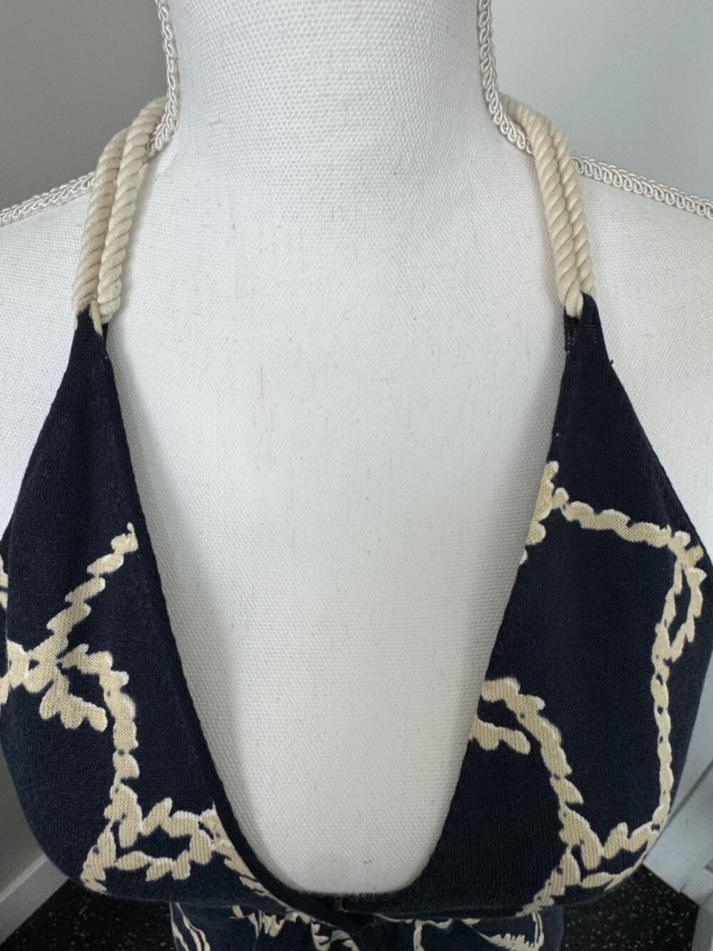 J.Crew Navy & Beige Rope Print Halter Top With Deep V-Neckline Comfort Travel - Picture 2 of 16